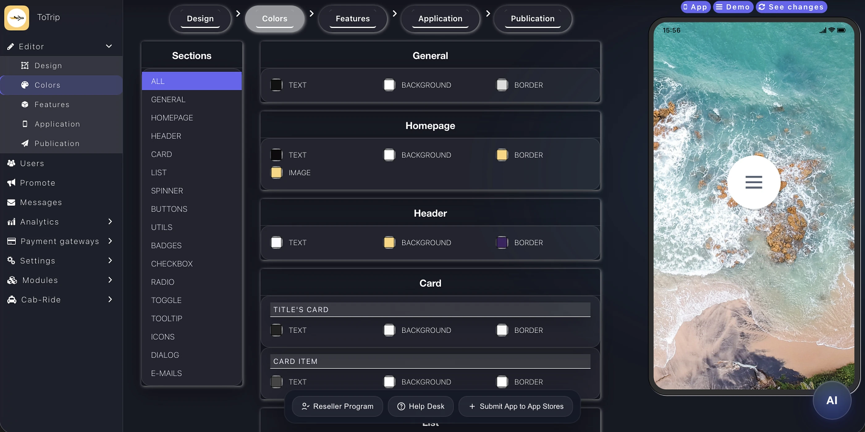 Editor de colors d'Appily per personalitzar cada secció d'una aplicació mòbil