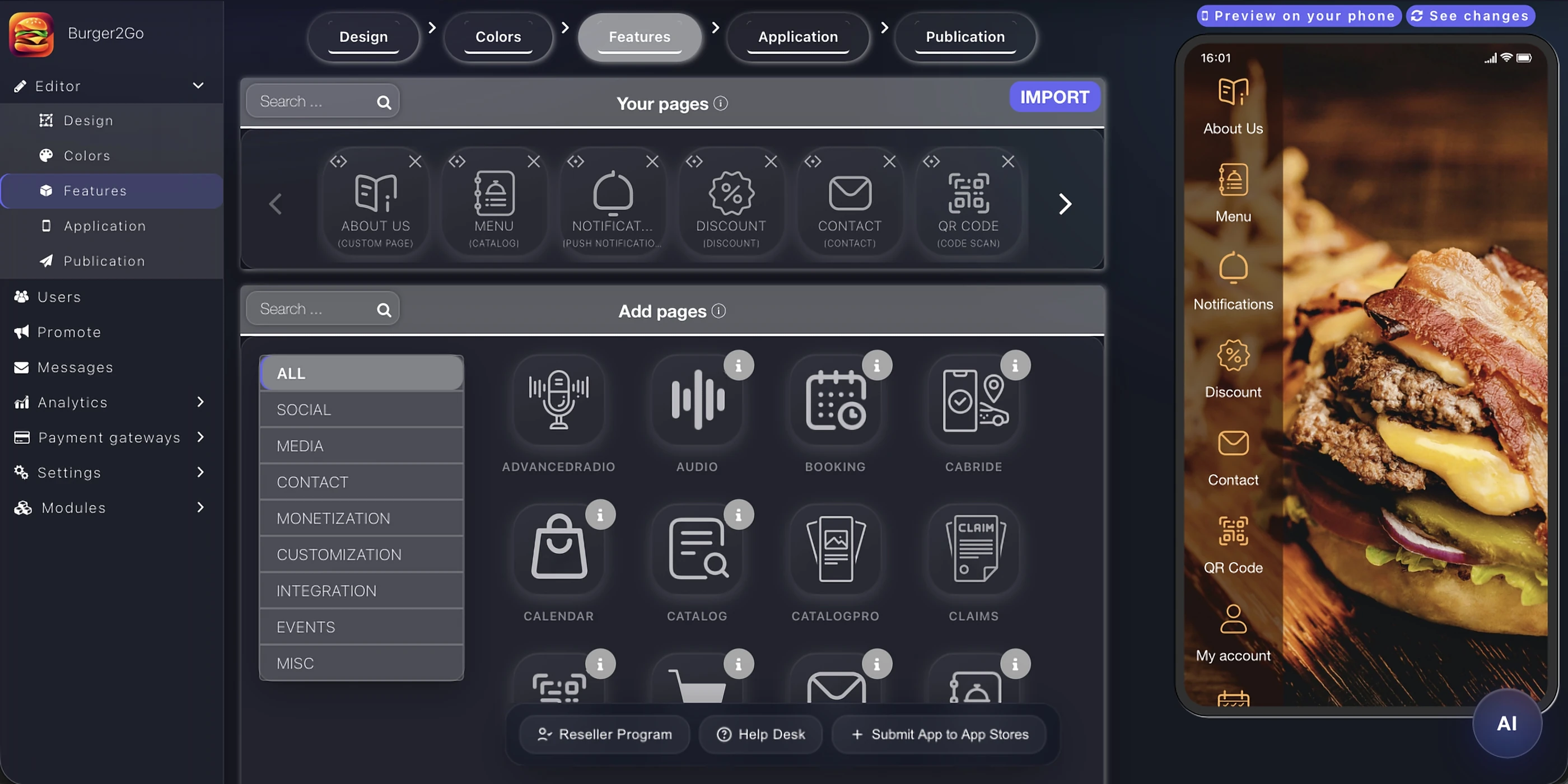 Editor de funcions d'Appily per afegir pàgines com reserva, àudio, catàleg i notificacions push